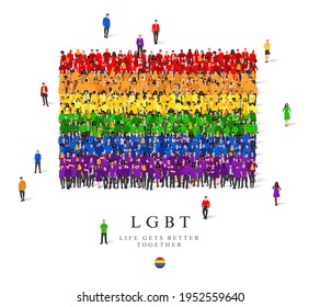 Eine große Gruppe von Menschen steht in Regenbogenbeständen und symbolisiert die LGBT-Flagge. Vektorgrafik einzeln auf weißem Hintergrund. LGBT-Flagge aus Menschen.