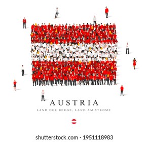 A large group of people are standing in red and white robes, symbolizing the flag of Austria. Vector illustration isolated on white background. Austria flag made from people.