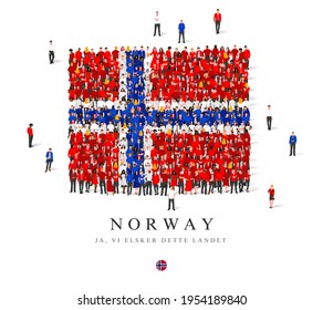 A large group of people are standing in red, white and blue robes, symbolizing the flag of Norway. Vector illustration isolated on white background. Inscription in Norwegian - "Yes, we love this land"