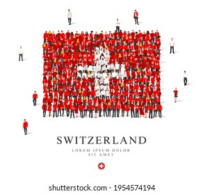 Eine große Gruppe von Menschen steht in roten und weißen Roben und symbolisiert die Flagge der Schweiz. Vektorgrafik einzeln auf weißem Hintergrund. Die Flagge der Schweiz wurde aus Menschen.
