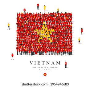 A large group of people are standing in red and yellow robes, symbolizing the flag of Vietnam. Vector illustration isolated on white background. Vietnam flag made from people.