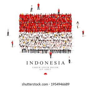 A large group of people are standing in red and white robes, symbolizing the flag of Indonesia. Vector illustration isolated on white background. Indonesia flag made from people.