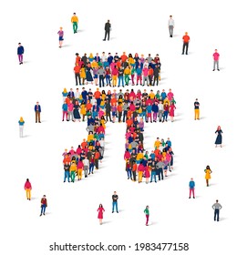Un gran grupo de personas están paradas en forma de cartel del yuan. Concepto de moneda china. Multitud. Ilustración vectorial aislada en fondo blanco.