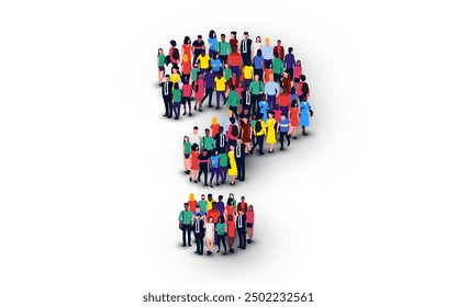 Large group of people standing in the shape of question mark sign. People crowd. Vector illustration