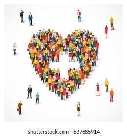 Large group of people are standing in the shape of a heart. Vector illustration on white background. Concept of medicine and health.