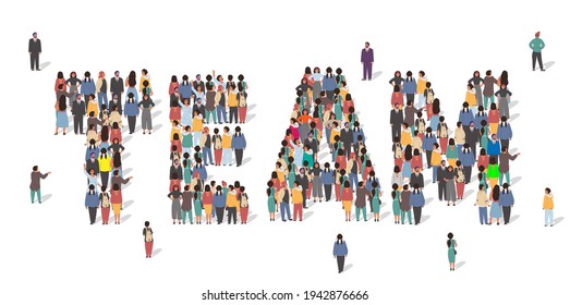 Large group of people standing together forming Team word, flat vector illustration. People crowd gathering. Team work typography banner. Business concept.