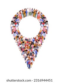 Large group of people standing together in the shape of map location pin sign. People standing together. A crowd of male and female characters. Flat vector illustration isolated on white background.