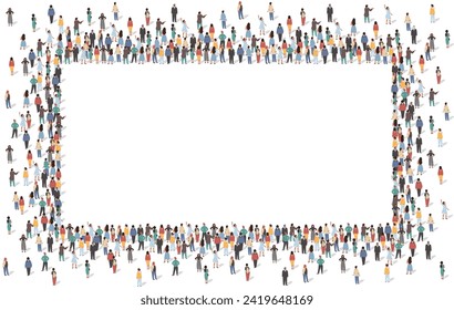 Gran grupo de personas paradas juntas en forma de marco rectangular con espacio de copia vacío para el texto publicitario. Multitud de mujeres hombres reuniéndose alrededor de la vista vacía del espacio desde arriba de la ilustración vectorial