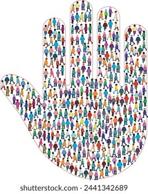 Large group of people standing together in a dense formation, creating a open hand shape.