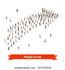 Large group of people standing together in shape of an arrow pointing at right direction. Flat style vector illustration isolated on white background.