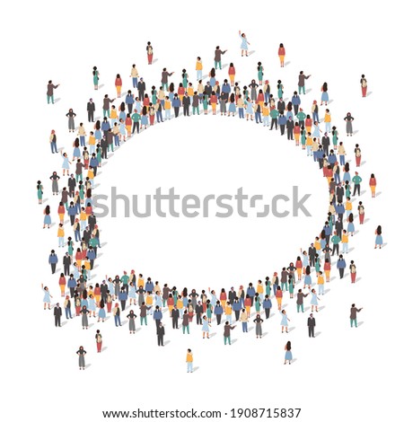 Large group of people standing together in the shape of speech bubble, flat vector illustration. People crowd gathering. Social communication concept.