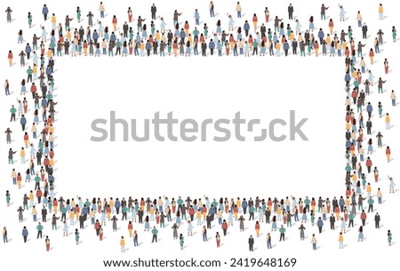 Large group of people standing together in shape of rectangle frame with empty blank copyspace for advertising text. Man woman crowd gathering around empty space view from above vector illustration