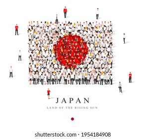 A large group of people are standing in white and red robes, symbolizing the flag of Japan. Vector illustration isolated on white background. Land of the rising sun. Japan flag made from people.