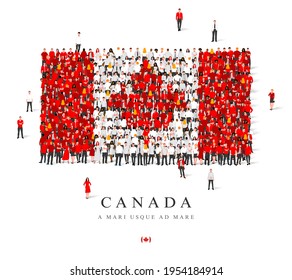 A large group of people are standing in white and red robes, symbolizing the flag of Canada. Vector illustration isolated on white background. The inscription is the motto - From sea to sea.