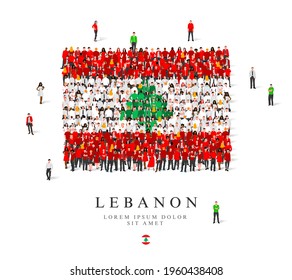 A large group of people are standing in white, green and red robes, symbolizing the flag of Lebanon. Vector illustration isolated on white background. Lebanon flag made of people.