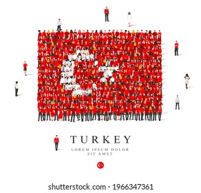 A large group of people are standing in white and red robes, symbolizing the flag of Turkey. Vector illustration isolated on white background. Turkey flag made from people.