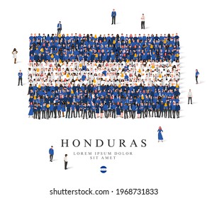 A large group of people are standing in white and blue robes, symbolizing the flag of Honduras. Vector illustration isolated on white background. Honduras flag made of people.