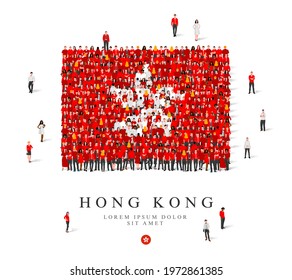 A large group of people are standing in white and red robes, symbolizing the flag of Hong Kong. Vector illustration isolated on white background. Hong Kong flag made of people.