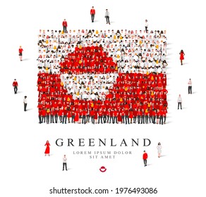A large group of people are standing in white and red robes, symbolizing the flag of Greenland. Vector illustration isolated on white background. Greenland flag made from people.