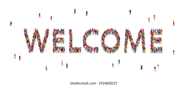 A large group of people are standing in the word Welcome. The concept of receiving guests, hospitality. Vector illustration isolated on white background.