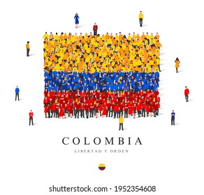 A large group of people are standing in yellow, blue and red robes, symbolizing the flag of Colombia. Vector illustration isolated on white background. Colombia flag made from people.