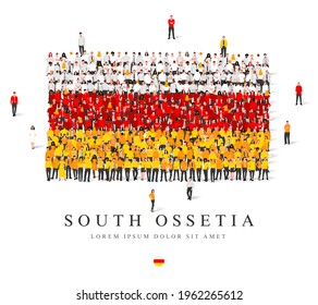A large group of people are standing in yellow, white and red robes, symbolizing the flag of South Ossetia. Vector illustration isolated on white background. South Ossetia flag made of people.