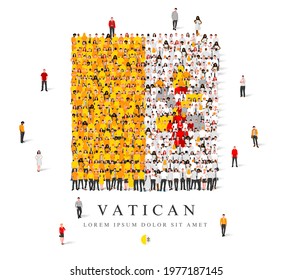 A large group of people are standing in yellow, white and red robes, symbolizing the flag of the Vatican. Vector illustration isolated on white background. Vatican flag made of people.