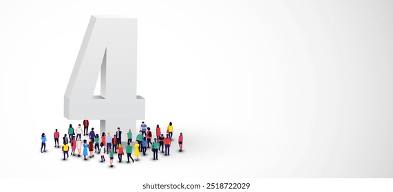 Large group of people stands around the number 4. Vector illustration
