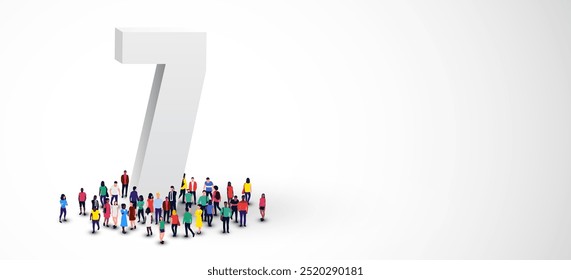 Large group of people stands around the number 7. Vector illustration