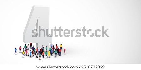 Large group of people stands around the number 4. Vector illustration