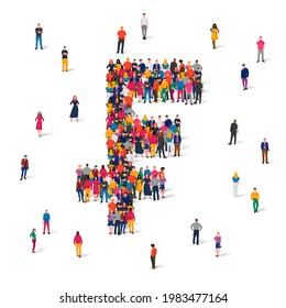 Un gran grupo de personas se alza en forma de señal de franco. Concepto de moneda francesa. Multitud. Ilustración vectorial aislada en fondo blanco.