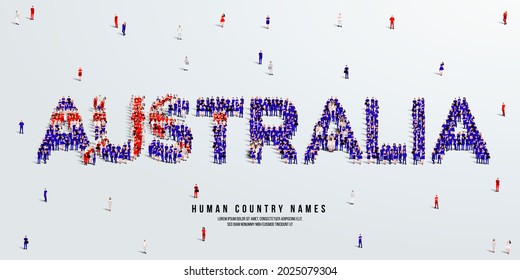 A Large Group Of People Stands, Making Up The Word Australia. Australian Flag Made From People. Vector Illustration Isolated On White Background.