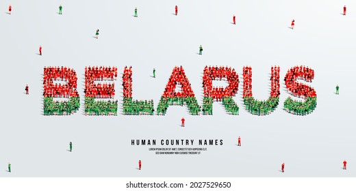 A large group of people stands, making up the word Belarus. Belarus flag made from people crowd. Vector illustration isolated on white background.