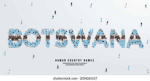 Un gran grupo de personas se alza, haciendo la palabra Botswana. Bandera de Botsuana hecha de gente. Ilustración vectorial aislada en fondo blanco.