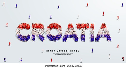 A large group of people stands, making up the word Croatia. Croatian flag made from people crowd. Vector illustration isolated on white background.