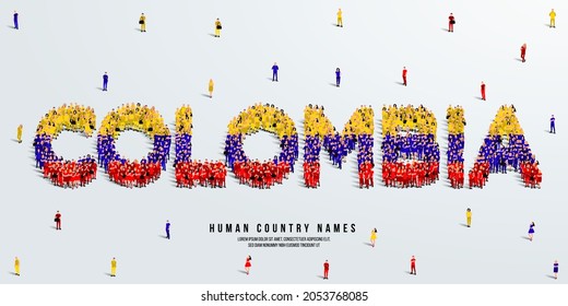A large group of people stands, making up the word Colombia. Colombian flag made from people crowd. Vector illustration isolated on white background.