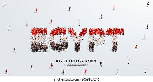 A large group of people stands, making up the word Egypt. Egypt flag made from people crowd. Vector illustration isolated on white background.