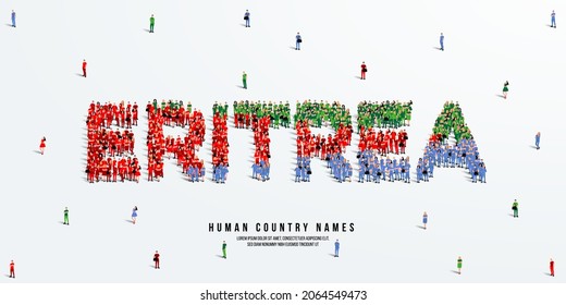 A large group of people stands, making up the word Eritrea. Eritrea flag made from people crowd. Vector illustration isolated on white background.