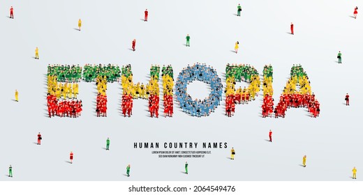 A large group of people stands, making up the word Ethiopia. Ethiopia flag made from people crowd. Vector illustration isolated on white background.