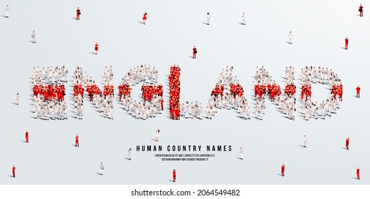 A large group of people stands, making up the word England. UK flag made from people crowd. Vector illustration isolated on white background.