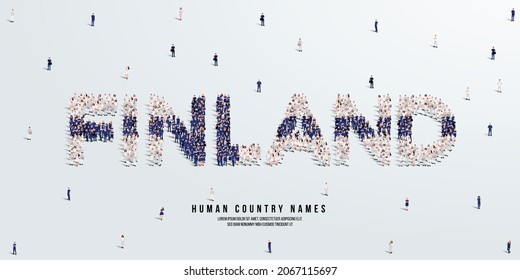A large group of people stands, making up the word Finland. Finland flag made from people crowd. Vector illustration isolated on white background.