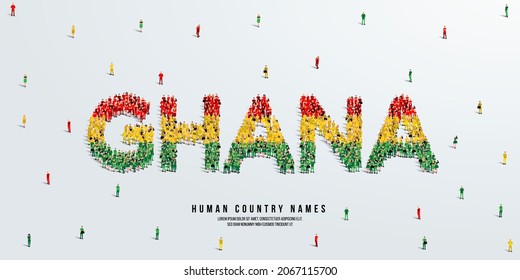 A large group of people stands, making up the word Ghana. Ghana flag made from people crowd. Vector illustration isolated on white background.