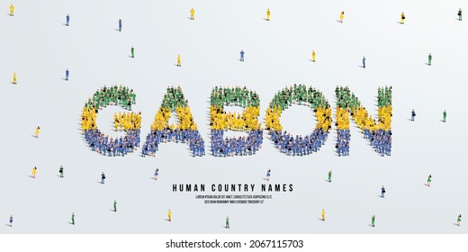 A large group of people stands, making up the word Gabon. Gabon flag made from people crowd. Vector illustration isolated on white background.