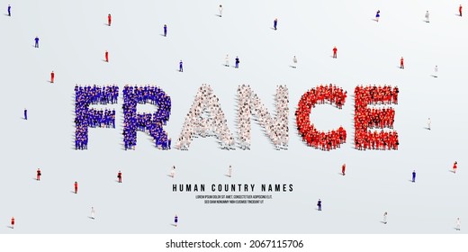 A large group of people stands, making up the word France. France flag made from people crowd. Vector illustration isolated on white background.