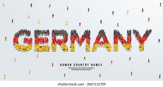 Se alza un gran grupo de personas, que forman la palabra Alemania. Bandera de Alemania hecha de gente. Ilustración vectorial aislada en fondo blanco.