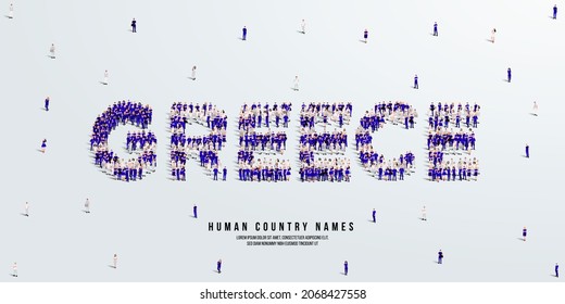 A large group of people stands, making up the word Greece. Greece flag made from people crowd. Vector illustration isolated on white background.
