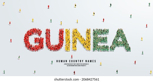 A large group of people stands, making up the word Guinea. Guinea flag made from people crowd. Vector illustration isolated on white background.