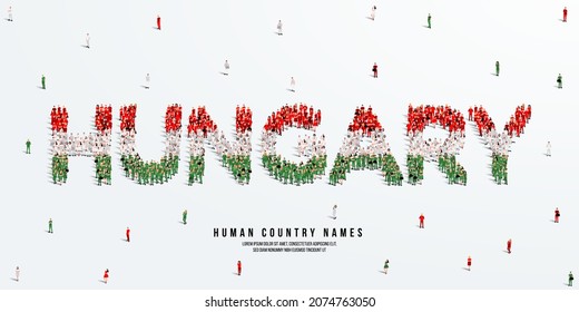 A large group of people stands, making up the word Hungary. Hungary flag made from people crowd. Vector illustration isolated on white background.
