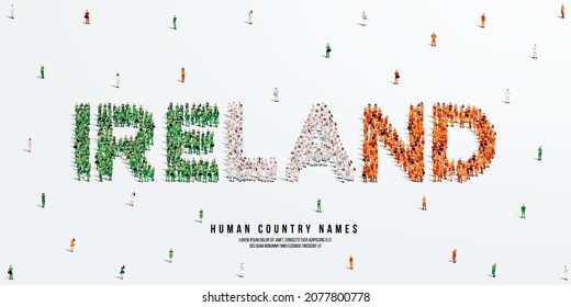 Se alza un gran grupo de personas, que forman la palabra Irlanda. Bandera de Irlanda hecha de gente. Ilustración vectorial aislada en fondo blanco.