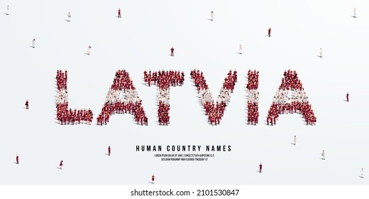A large group of people stands, making up the word Latvia. Latvia flag made from people crowd. Vector illustration isolated on white background.